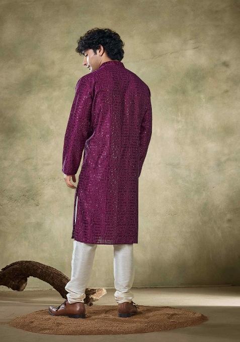 Wine Sequence Embroidered Viscose Kurta For Men