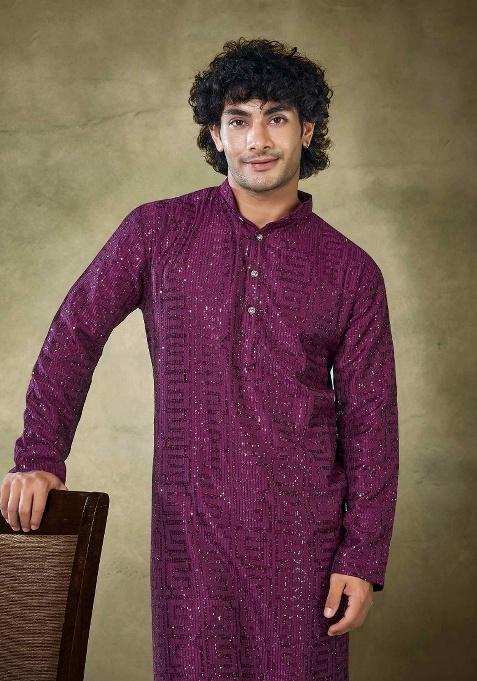Wine Sequence Embroidered Viscose Kurta For Men