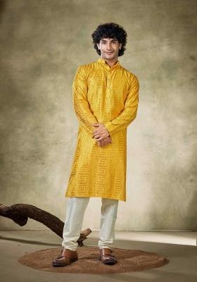 Yellow Sequence Embroidered Viscose Kurta For Men