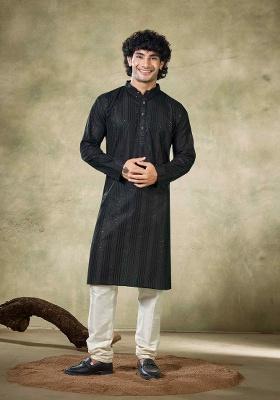 Black Sequence Embroidered Viscose Kurta For Men