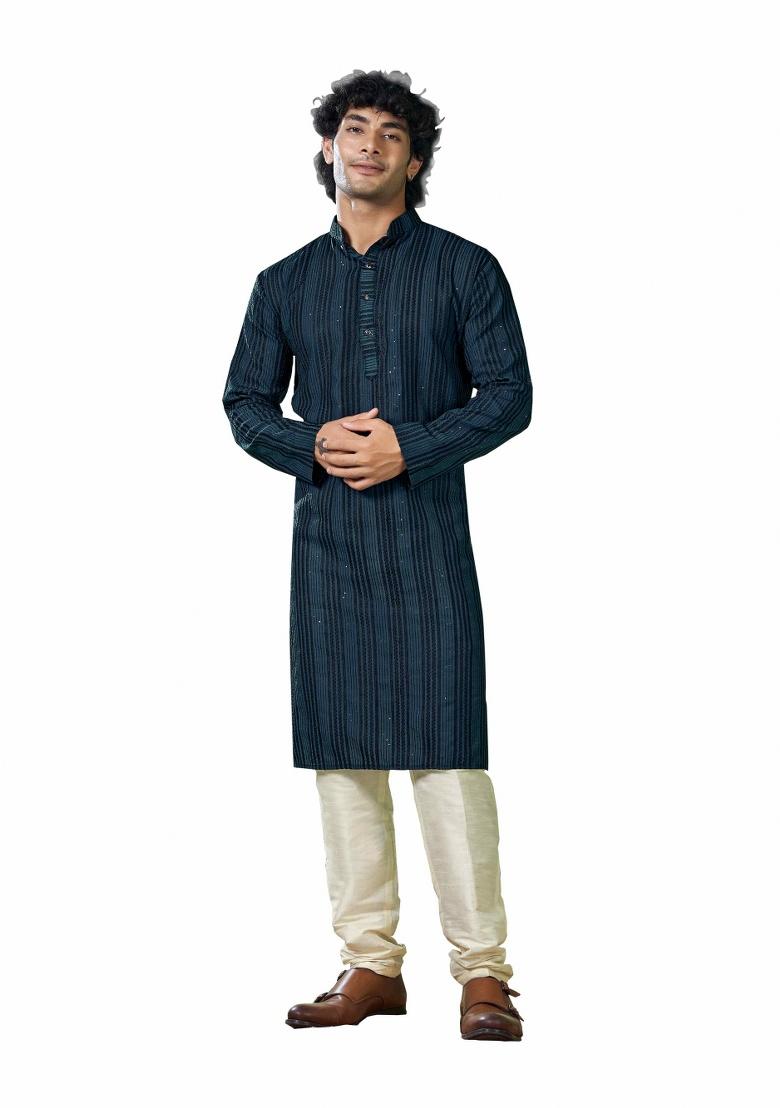 Blue Sequence Embroidered Viscose Kurta For Men