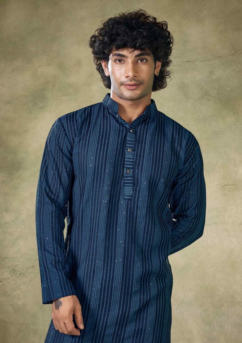 Blue Sequence Embroidered Viscose Kurta For Men