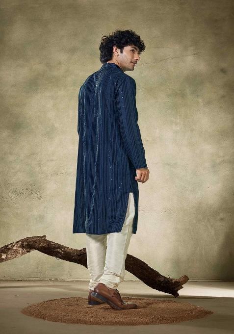 Blue Sequence Embroidered Viscose Kurta For Men
