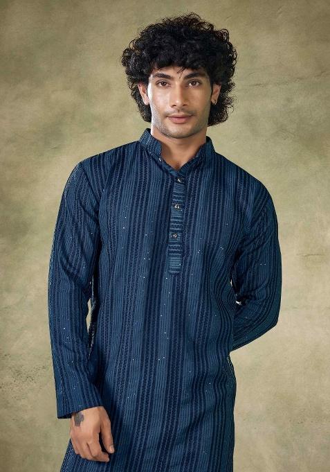 Blue Sequence Embroidered Viscose Kurta For Men