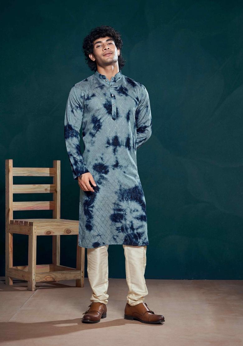 Blue Sequence Embroidered Viscose Kurta For Men