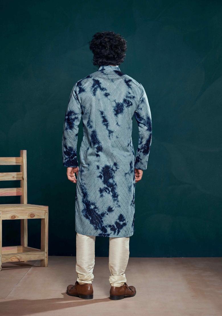 Blue Sequence Embroidered Viscose Kurta For Men - Indya