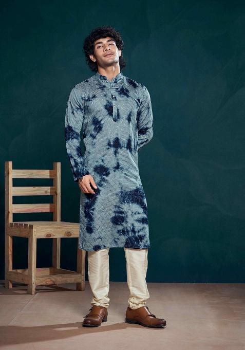 Blue Sequence Embroidered Viscose Kurta For Men