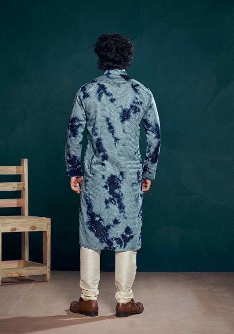 Blue Sequence Embroidered Viscose Kurta For Men