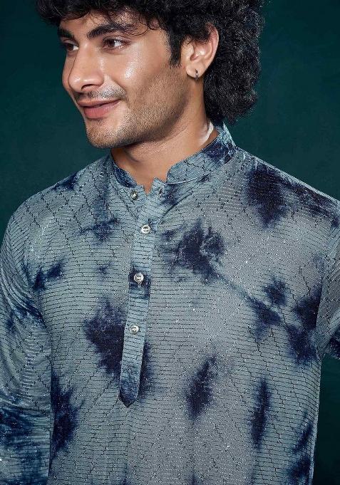 Blue Sequence Embroidered Viscose Kurta For Men