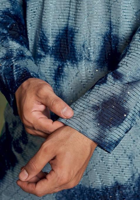 Blue Sequence Embroidered Viscose Kurta For Men