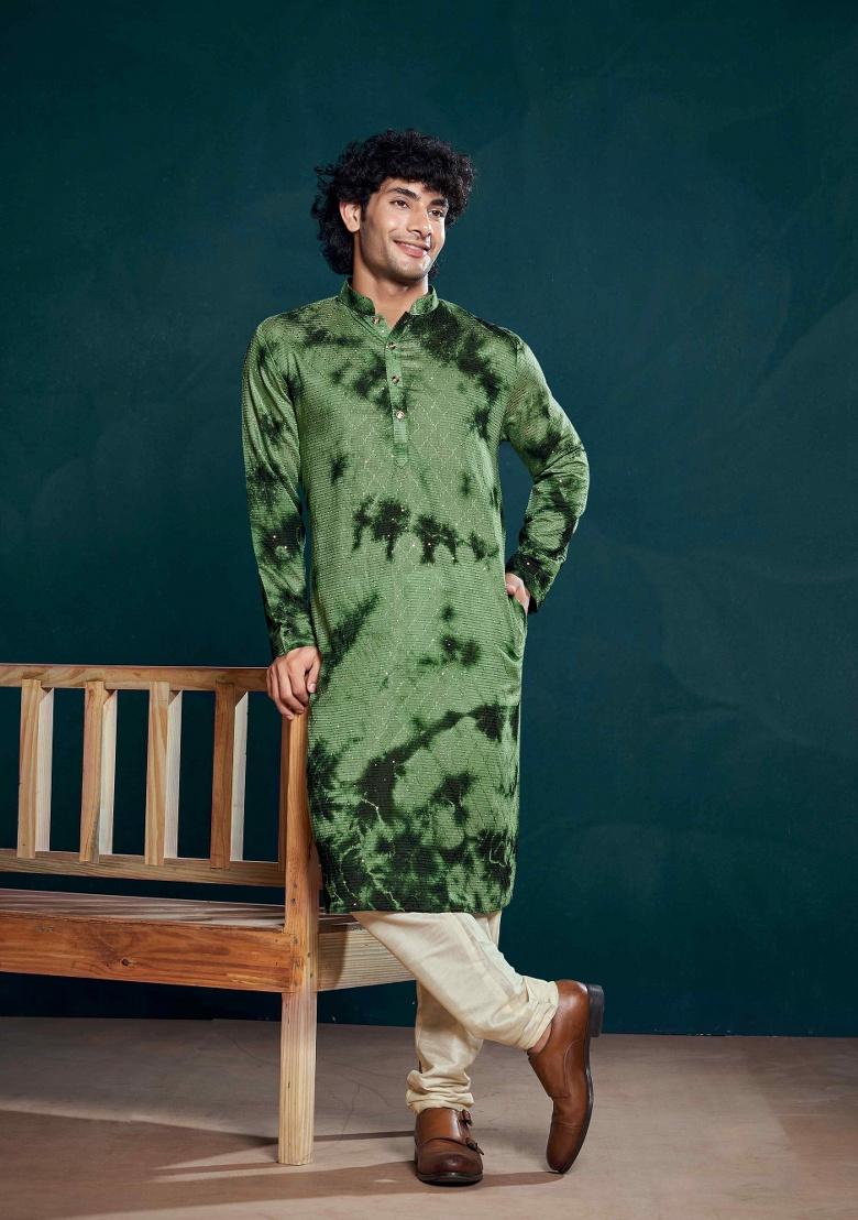 Green Sequence Embroidered Viscose Kurta For Men