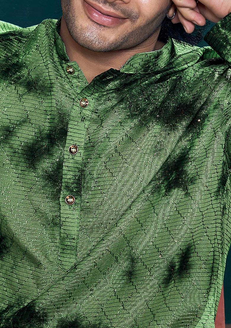 Green Sequence Embroidered Viscose Kurta For Men