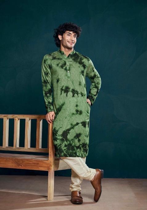 Green Sequence Embroidered Viscose Kurta For Men