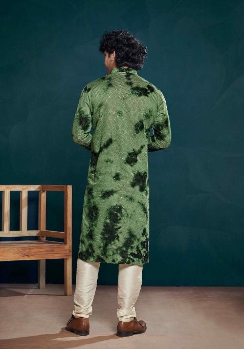 Green Sequence Embroidered Viscose Kurta For Men