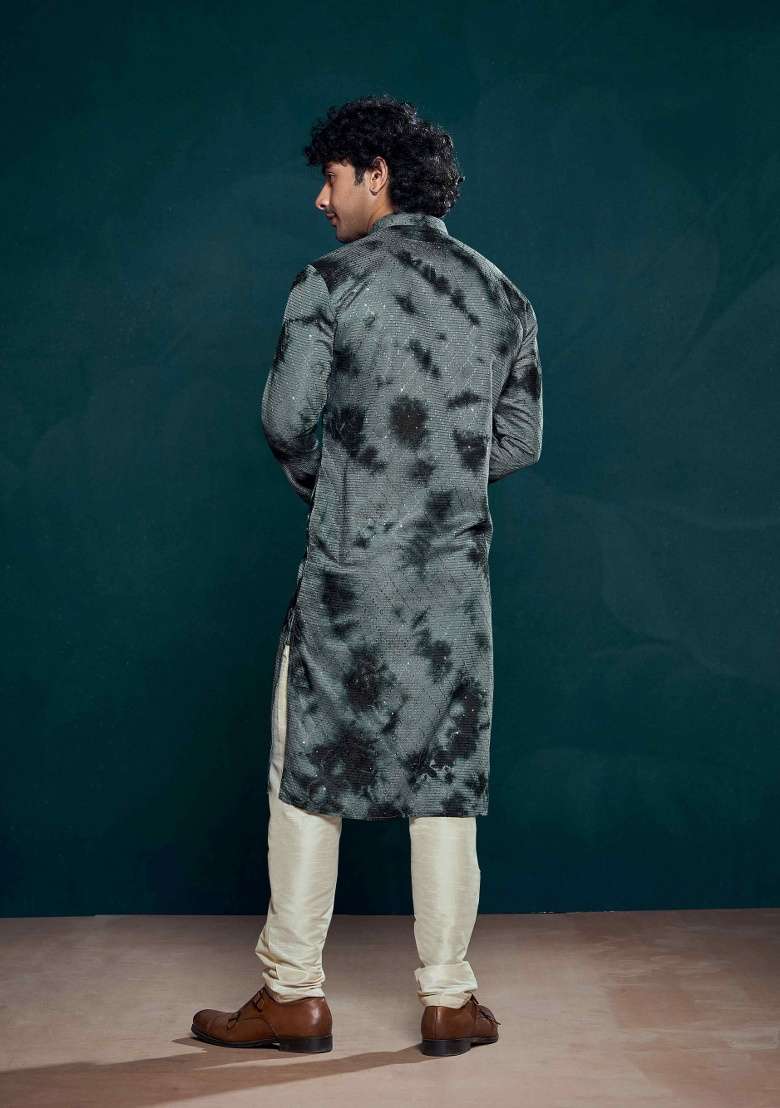Grey Sequence Embroidered Viscose Kurta For Men - Indya