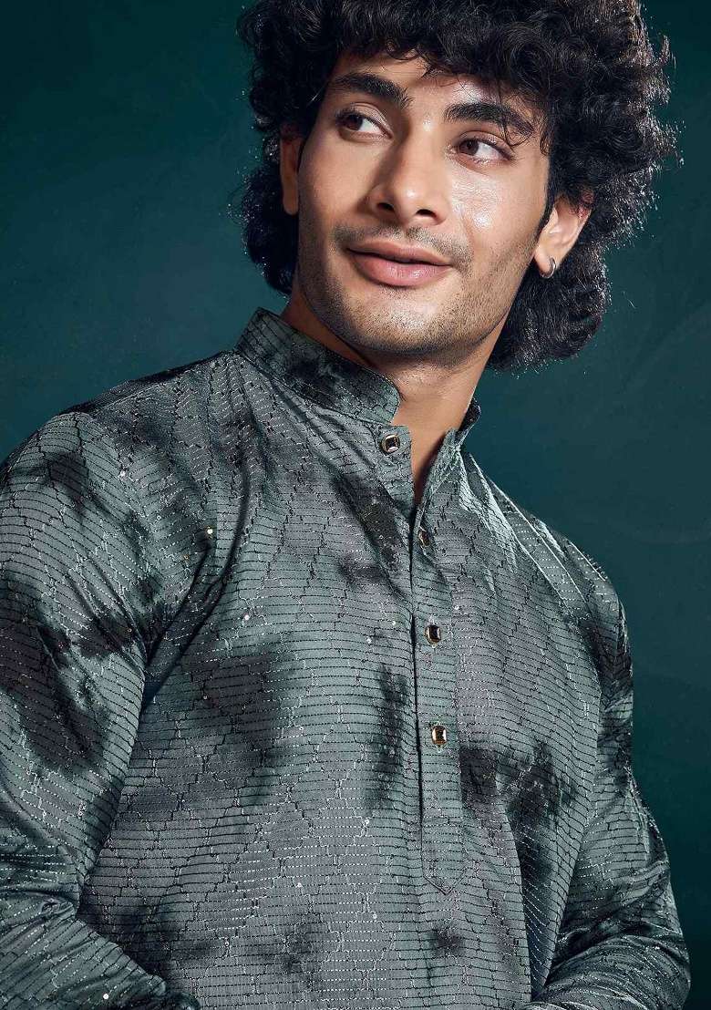 Grey Sequence Embroidered Viscose Kurta For Men - Indya