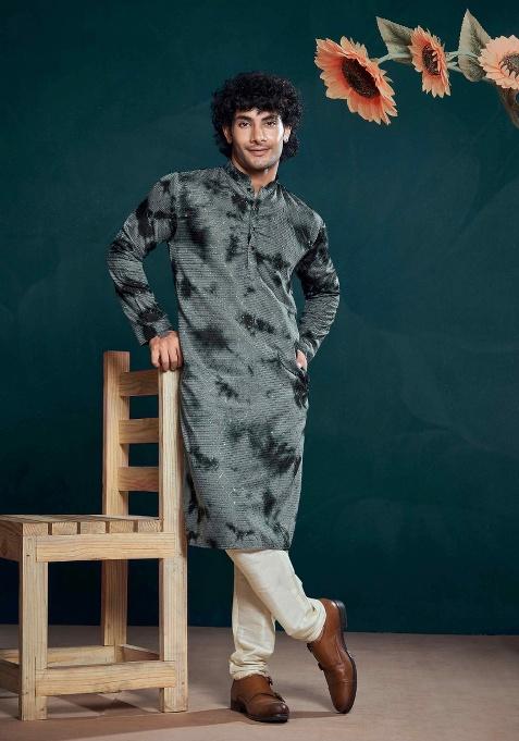 Grey Sequence Embroidered Viscose Kurta For Men