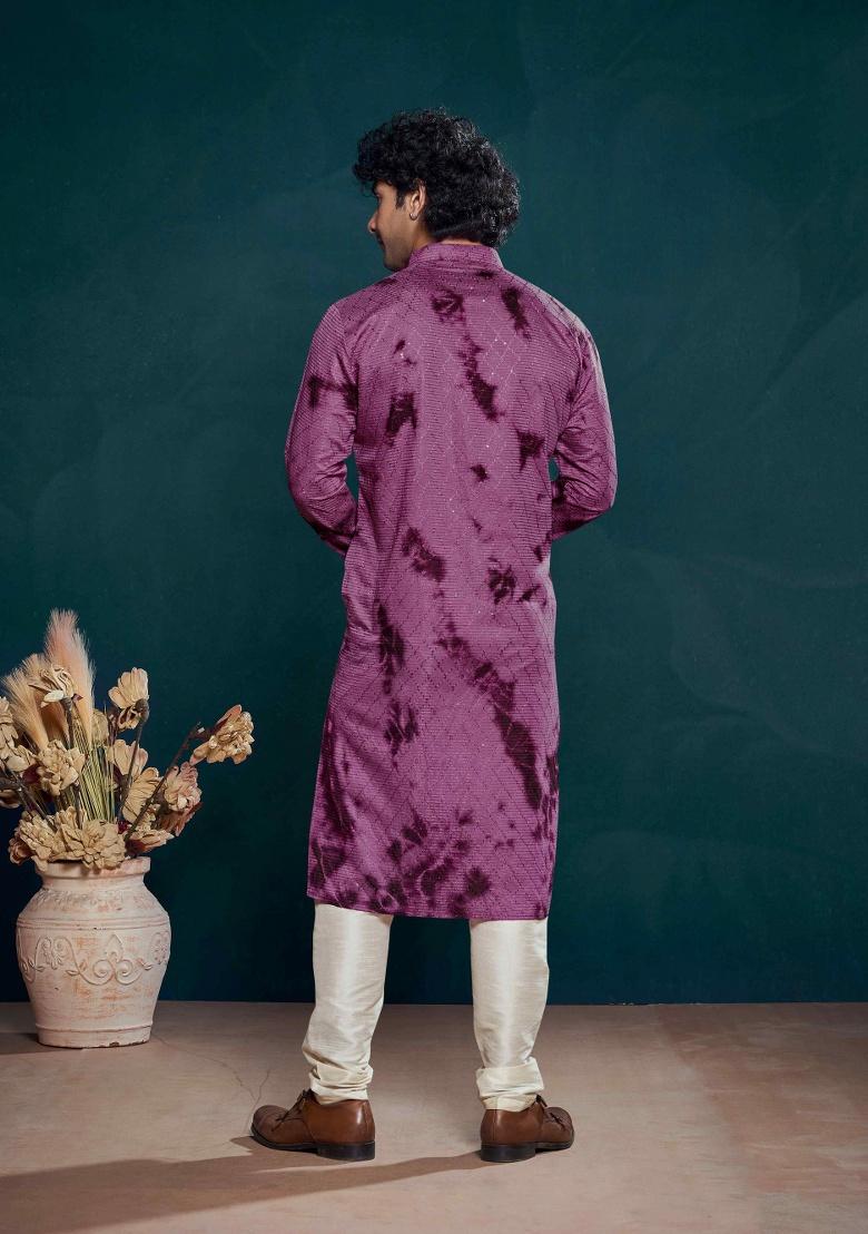 Pink Sequence Embroidered Viscose Kurta For Men