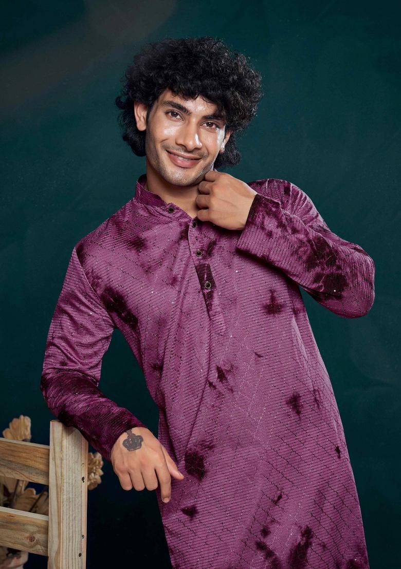 Pink Sequence Embroidered Viscose Kurta For Men