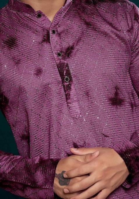 Pink Sequence Embroidered Viscose Kurta For Men
