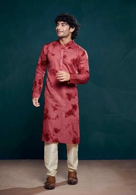 Red Sequence Embroidered Viscose Kurta For Men