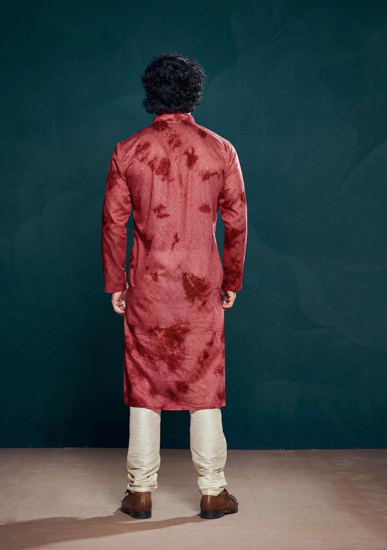Red Sequence Embroidered Viscose Kurta For Men