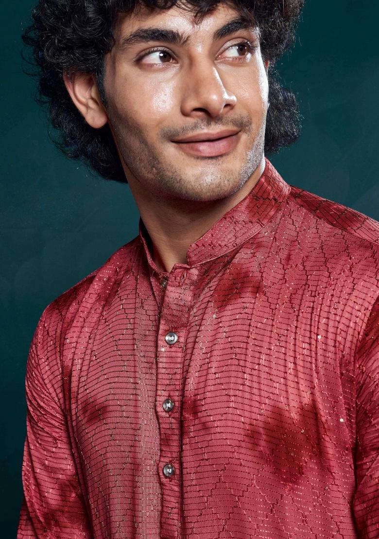 Red Sequence Embroidered Viscose Kurta For Men