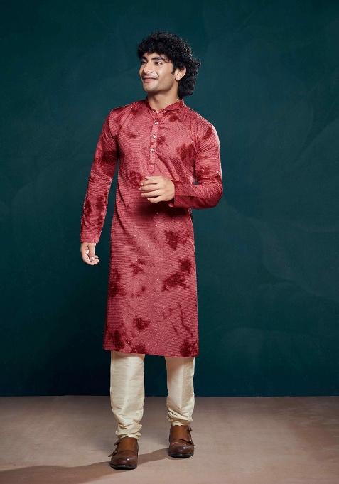 Red Sequence Embroidered Viscose Kurta For Men