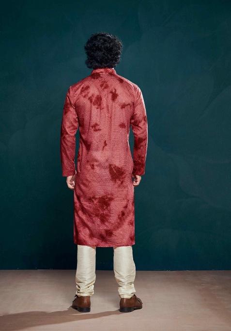 Red Sequence Embroidered Viscose Kurta For Men