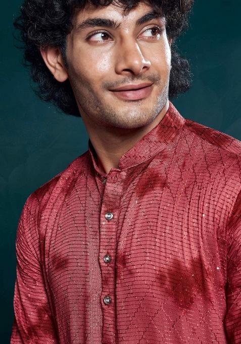 Red Sequence Embroidered Viscose Kurta For Men