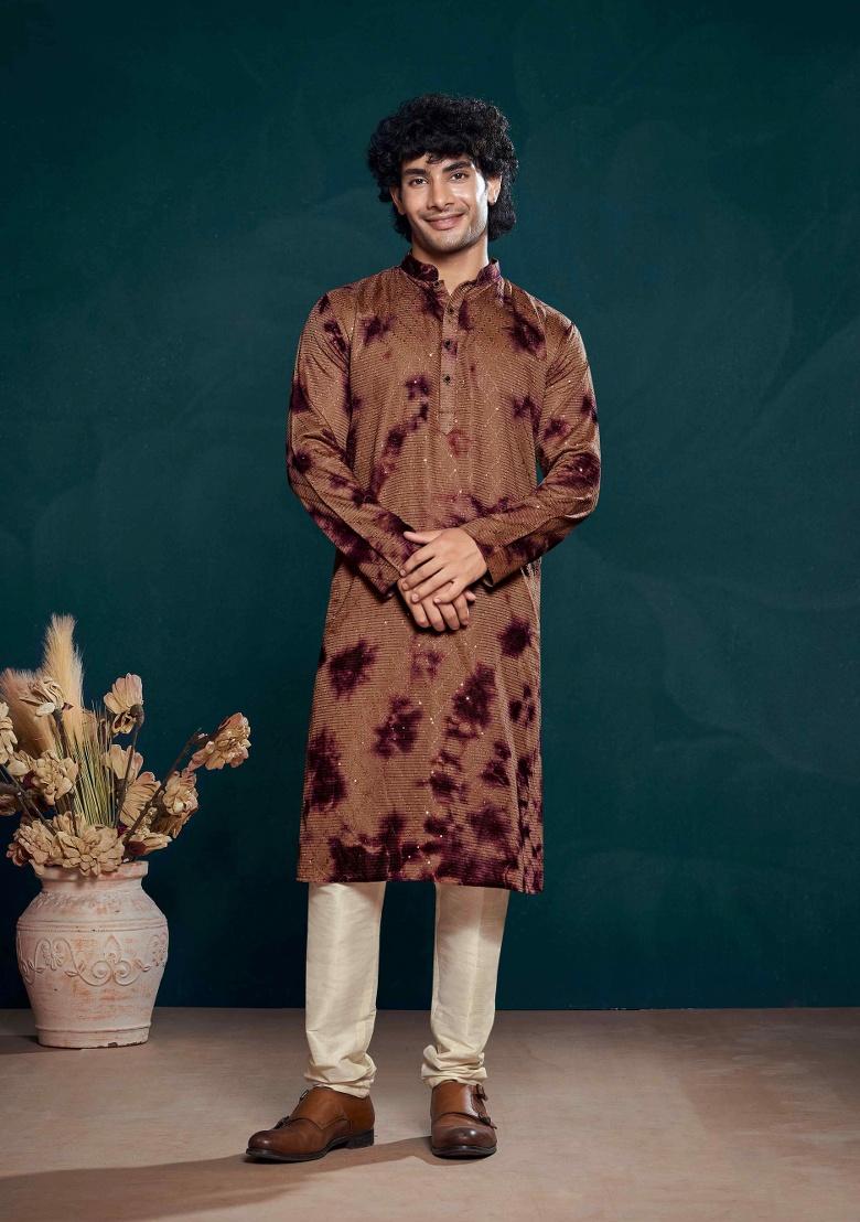 Wine Sequence Embroidered Viscose Kurta For Men