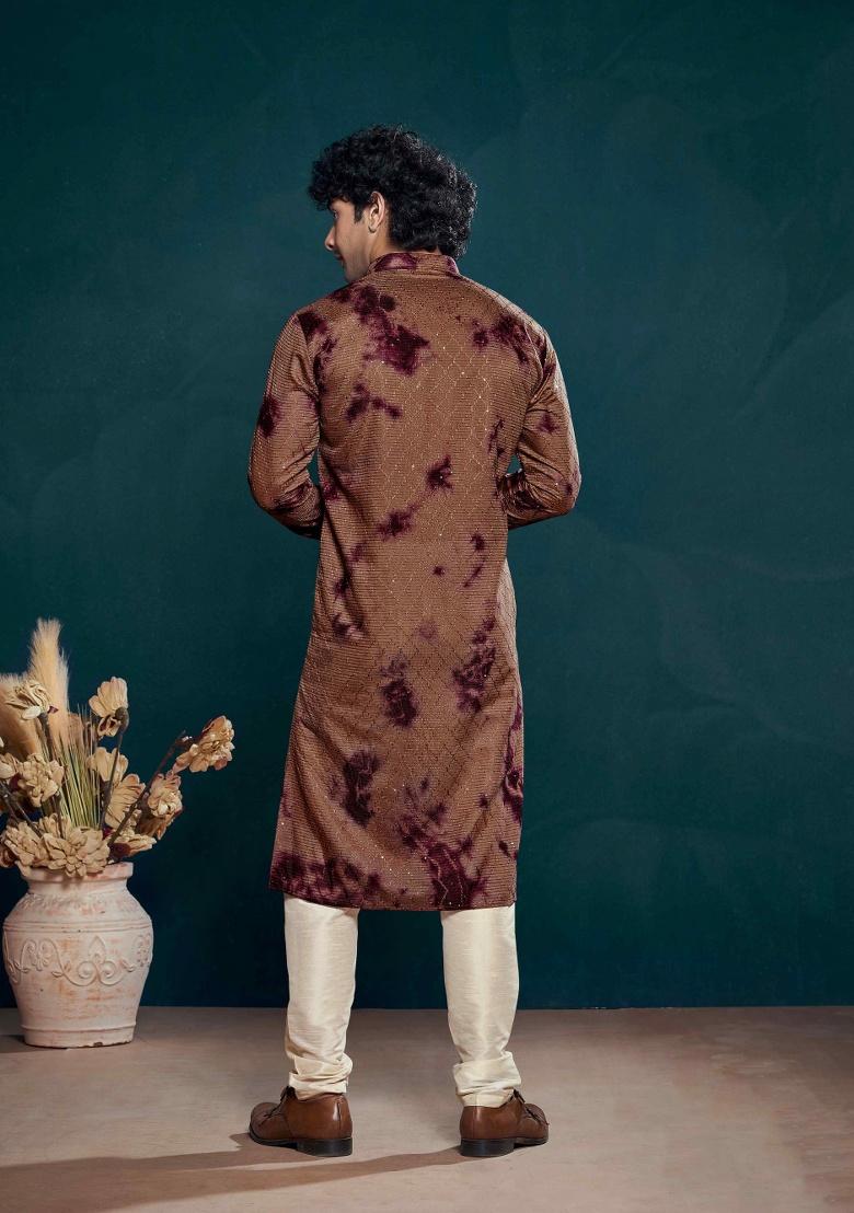 Wine Sequence Embroidered Viscose Kurta For Men
