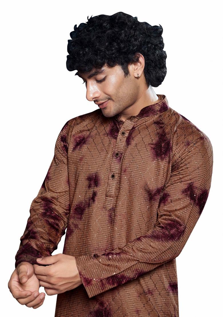 Wine Sequence Embroidered Viscose Kurta For Men