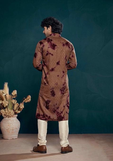 Wine Sequence Embroidered Viscose Kurta For Men