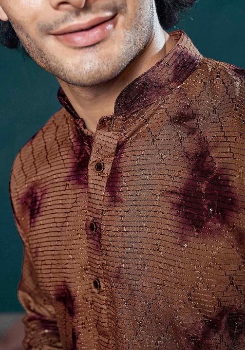 Wine Sequence Embroidered Viscose Kurta For Men