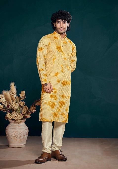 Yellow Sequence Embroidered Viscose Kurta For Men — view on Indya
