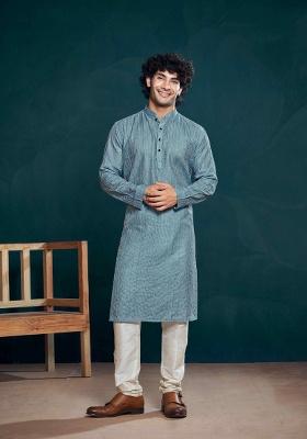 Blue Sequence Embroidered Viscose Kurta For Men