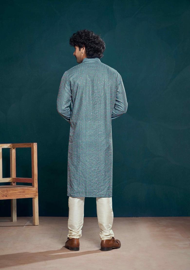 Blue Sequence Embroidered Viscose Kurta For Men