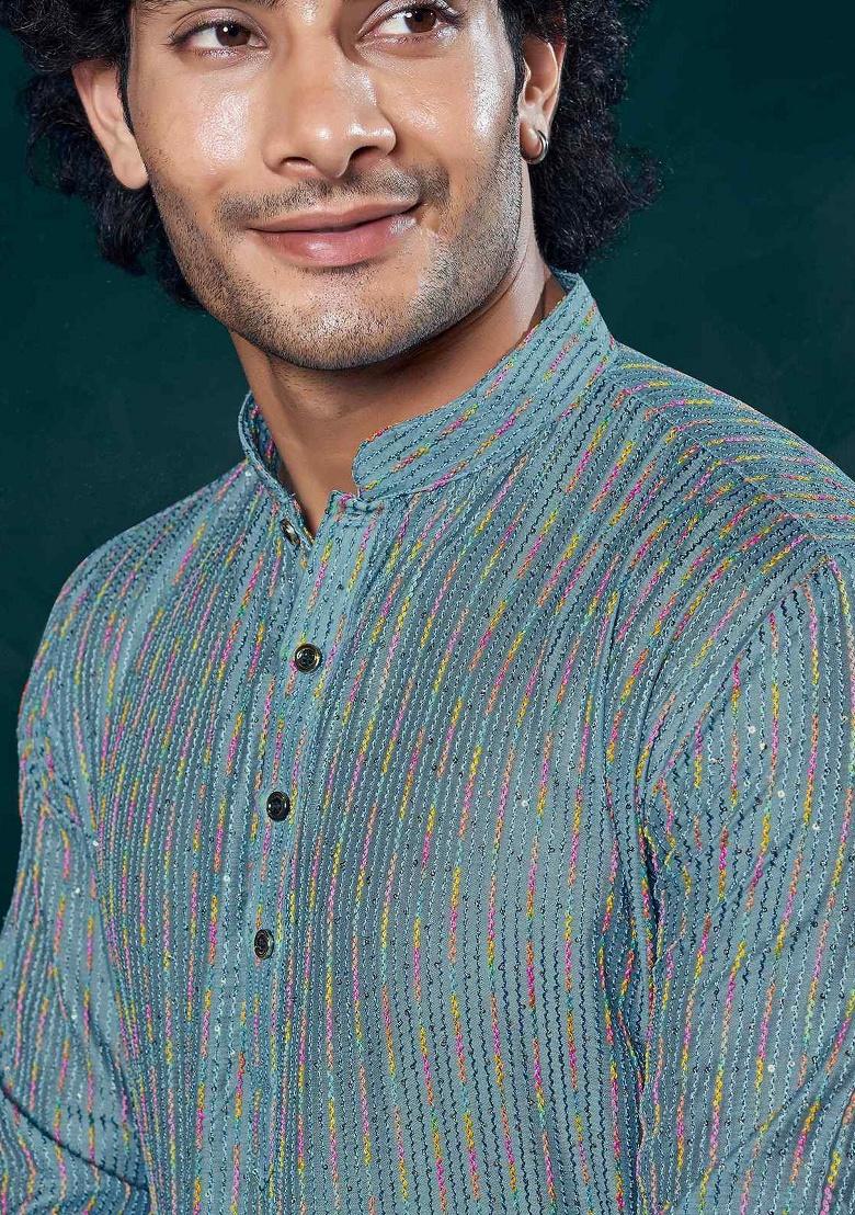 Blue Sequence Embroidered Viscose Kurta For Men
