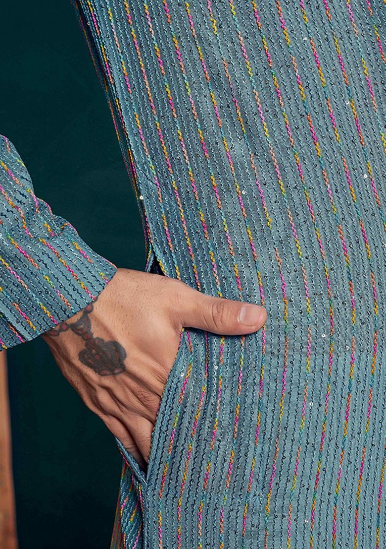 Blue Sequence Embroidered Viscose Kurta For Men