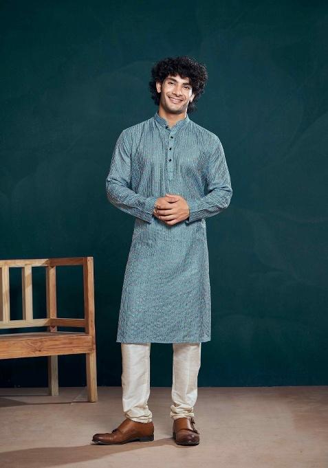 Blue Sequence Embroidered Viscose Kurta For Men