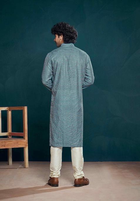 Blue Sequence Embroidered Viscose Kurta For Men