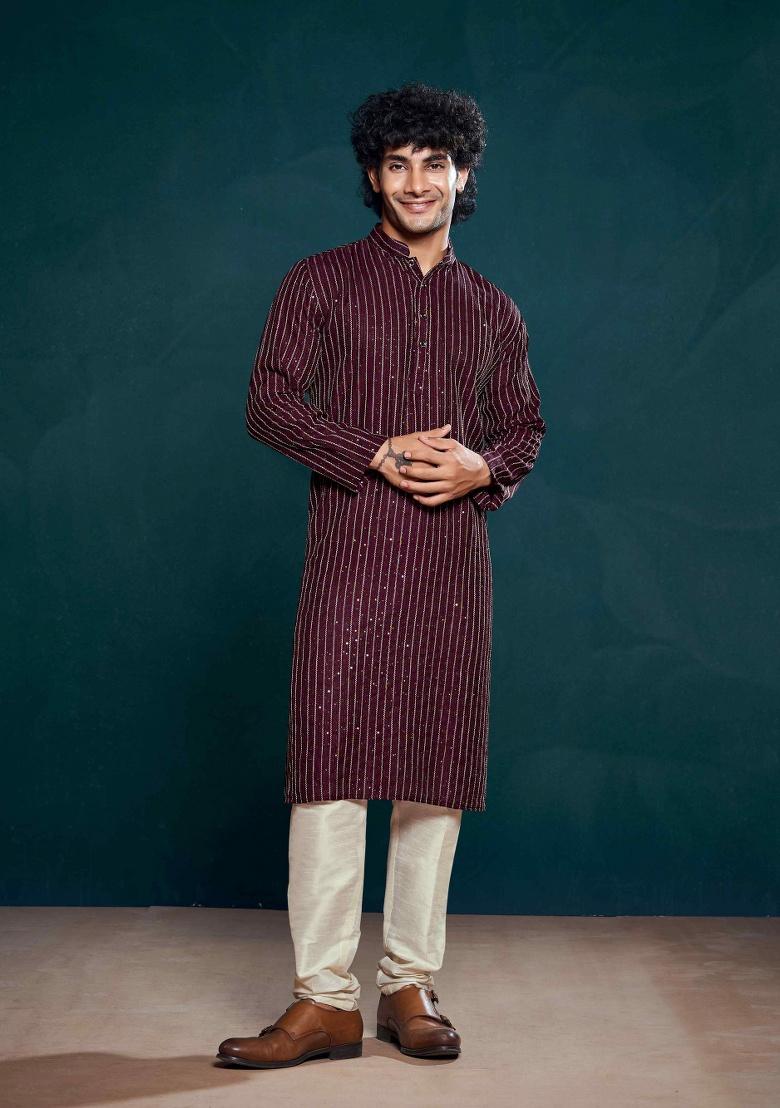 Wine Sequence Embroidered Viscose Kurta For Men