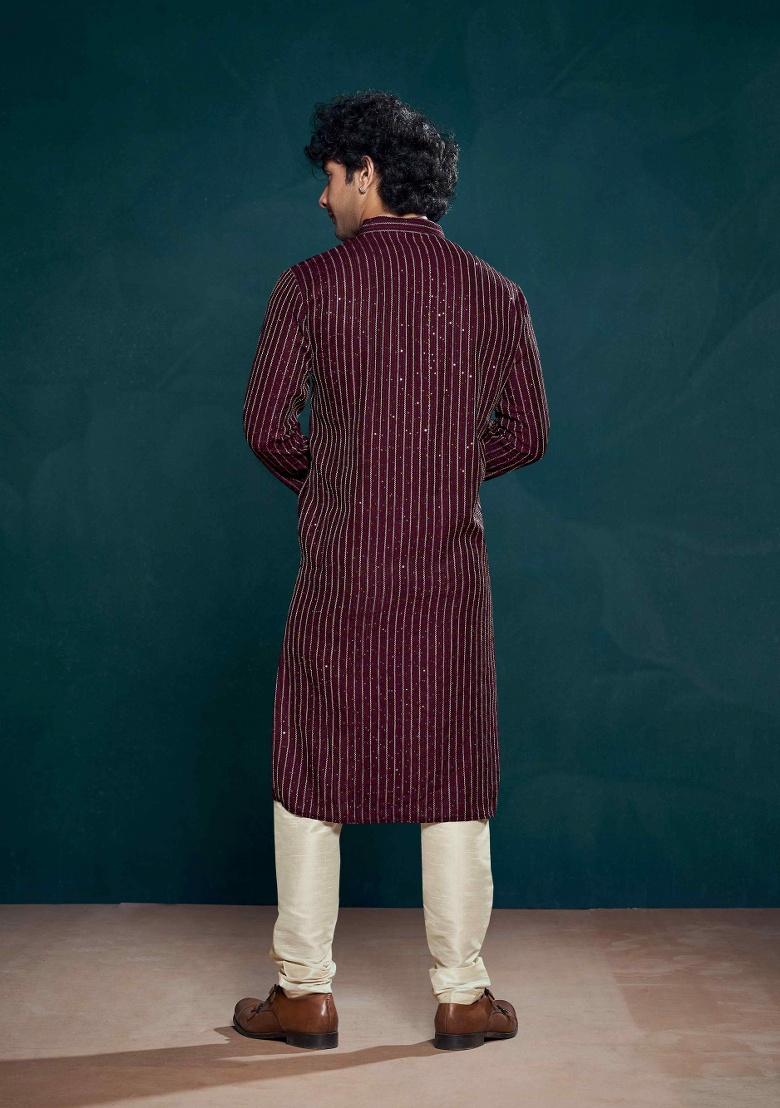 Wine Sequence Embroidered Viscose Kurta For Men