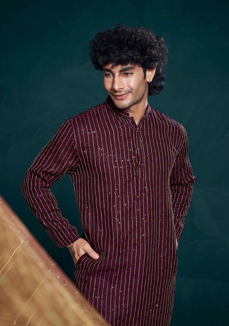 Wine Sequence Embroidered Viscose Kurta For Men