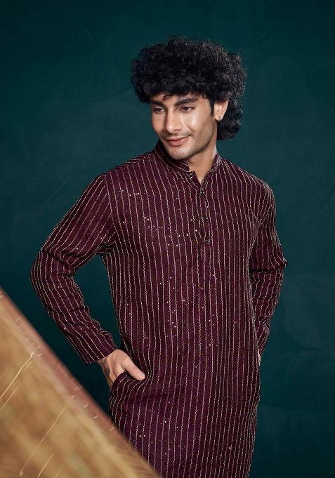 Wine Sequence Embroidered Viscose Kurta For Men