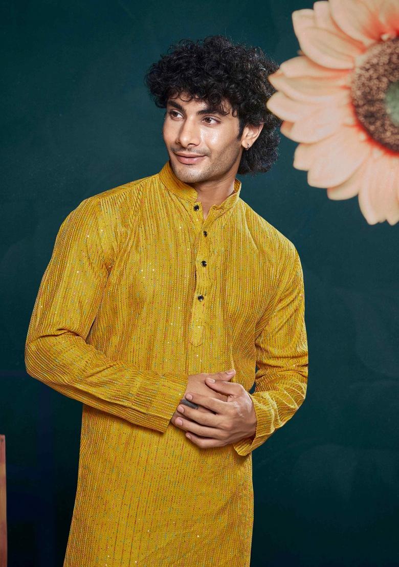 Yellow Sequence Embroidered Viscose Kurta For Men