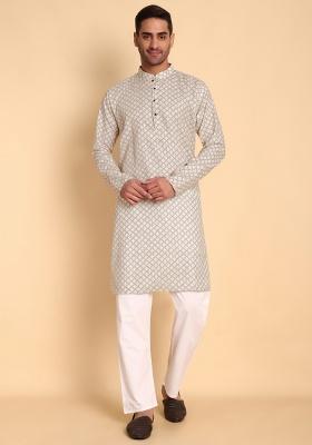 Cream Printed Cotton Kurta For Men