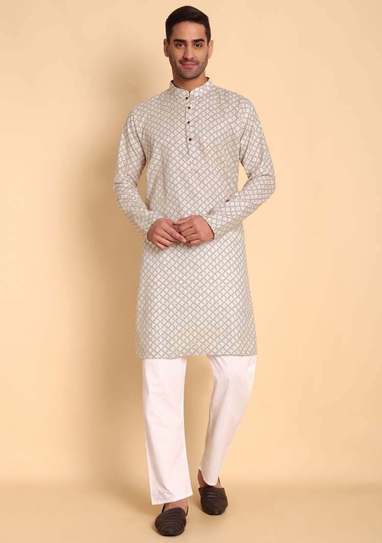 Cream Printed Cotton Kurta For Men - Indya