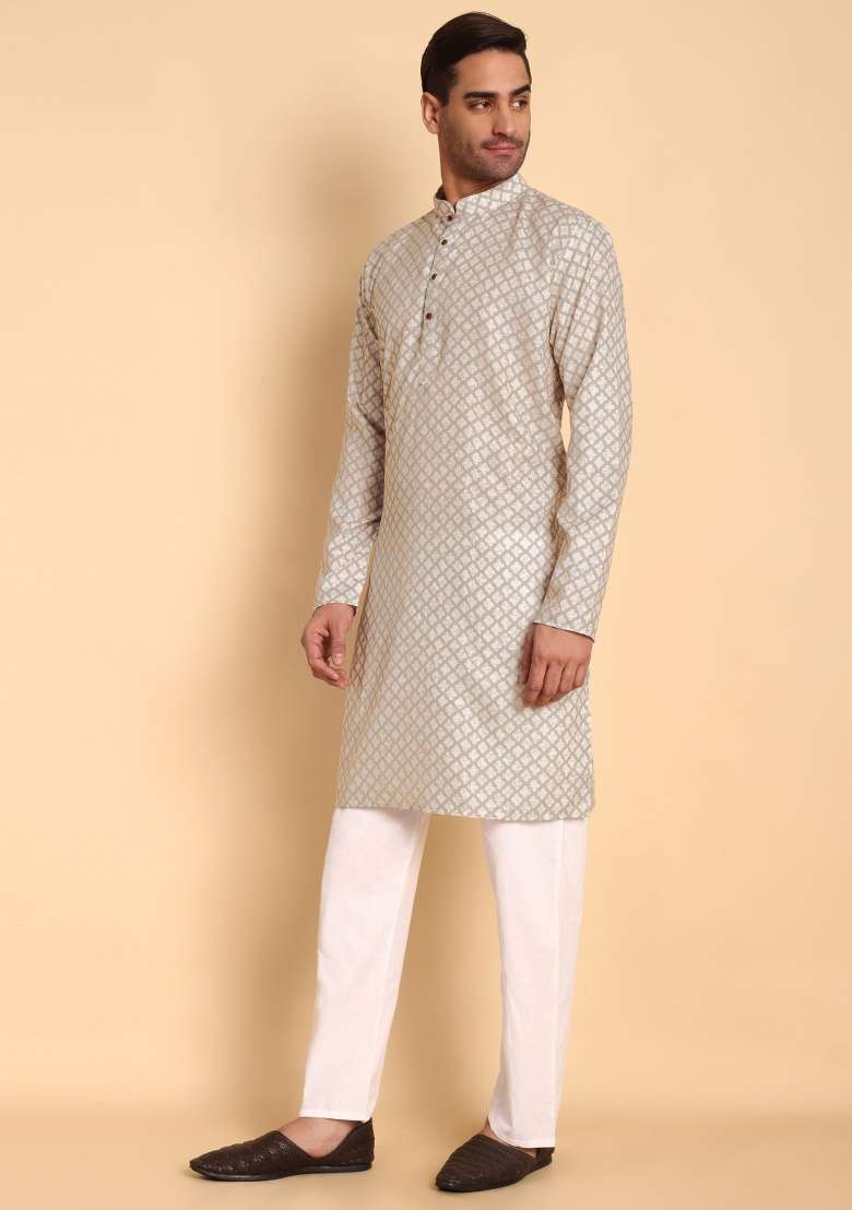 Cream Printed Cotton Kurta For Men - Indya